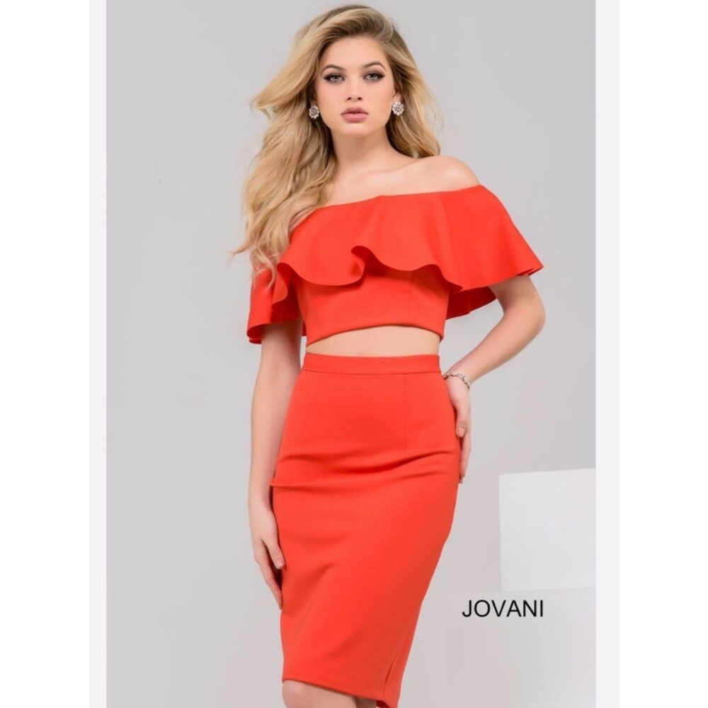 Jovani Tangerine Orange Off-Shoulder Ruffle Crop Top Size 6